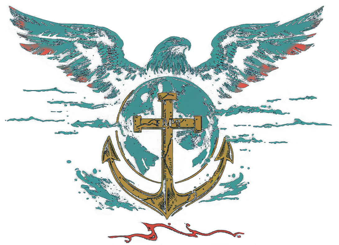 Eagle with outstretched wings above a globe, cross, anchor, and blue background.