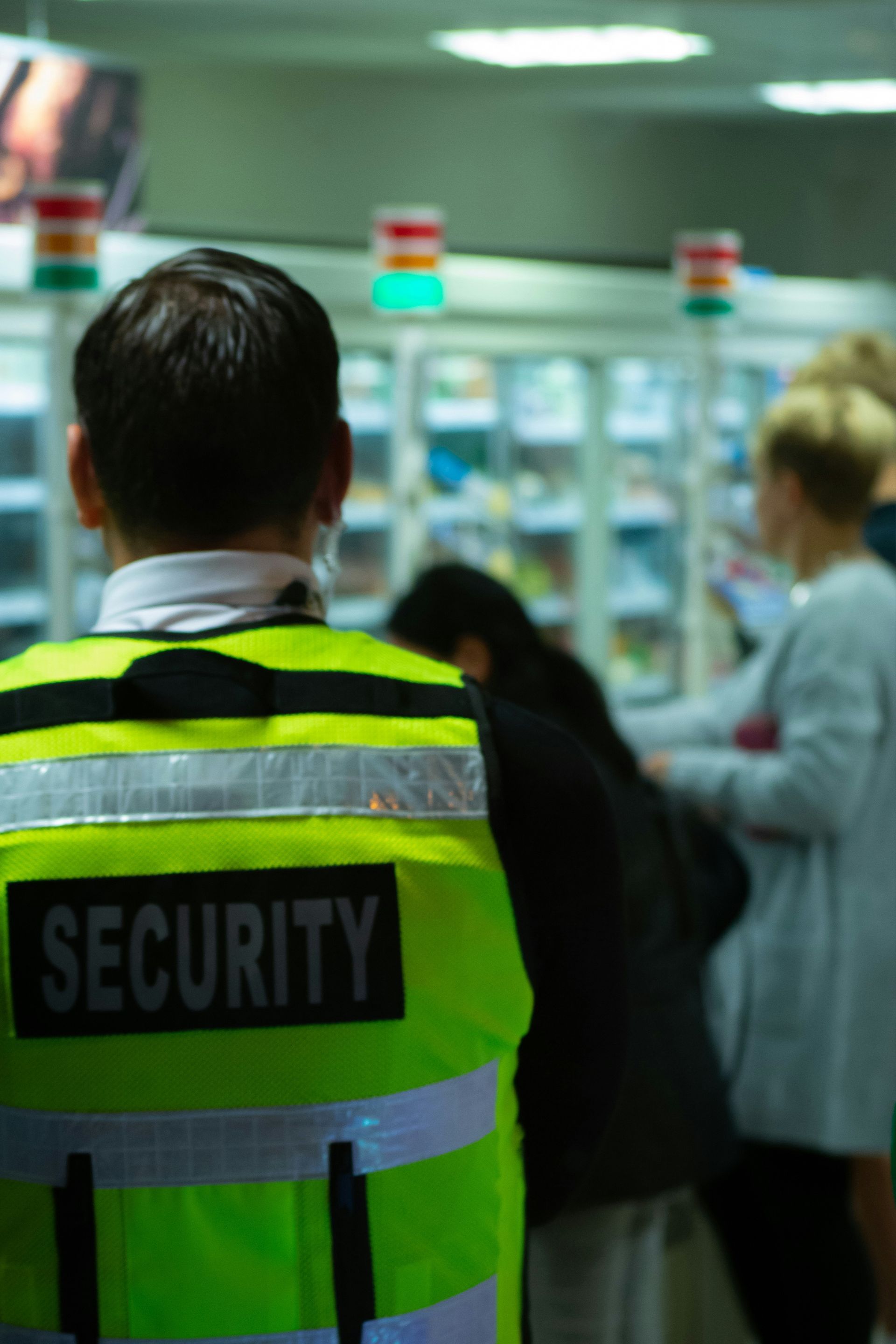 A man wearing a yellow vest with the word security on it