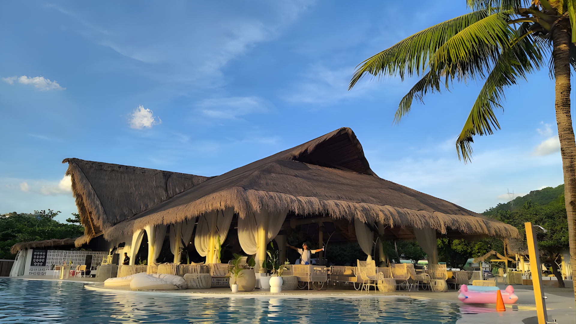 Aerial view of the inflatable island water park on Subic Bay near The Aurora Subic Hotel