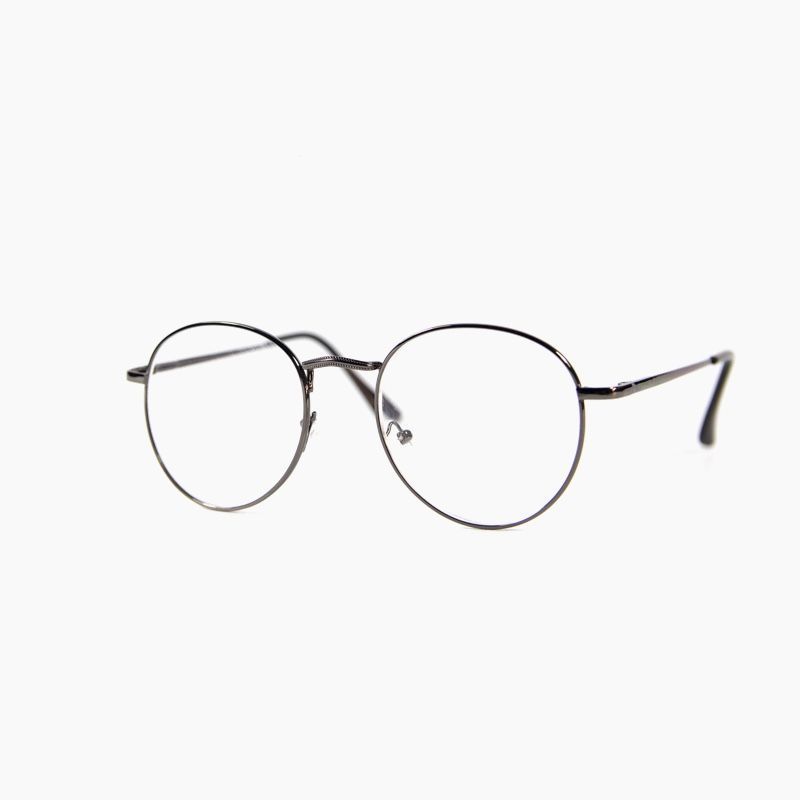 A pair of round glasses with clear lenses on a white background.