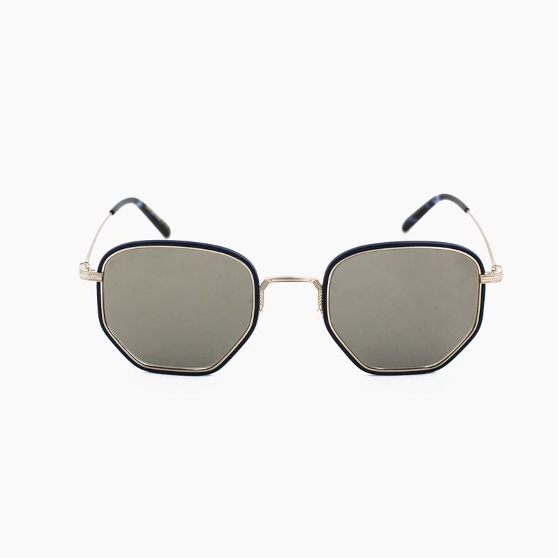 A pair of sunglasses with a black frame on a white background.