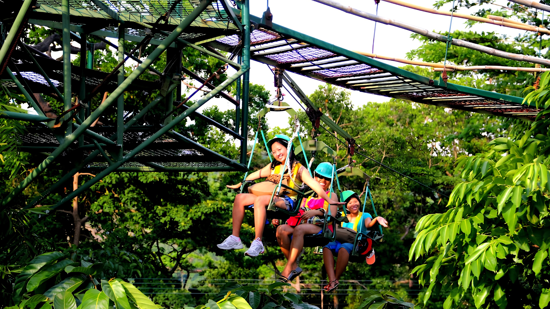 Aerial zipline ride through the jungle canopy at Tree Top Adventure near The Aurora Subic Hotel