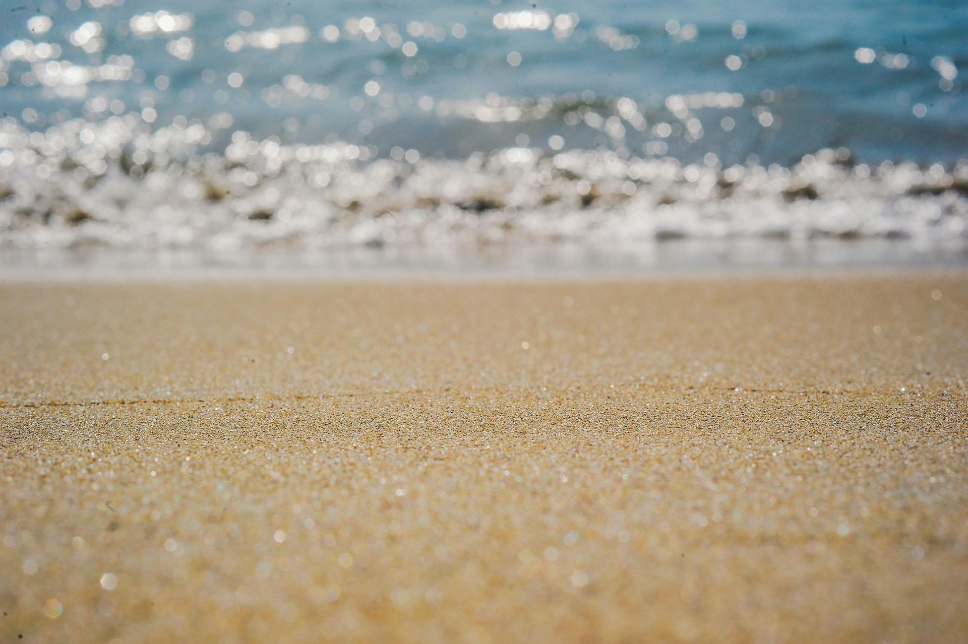 Sandy beach with gentle waves in the blurred background.