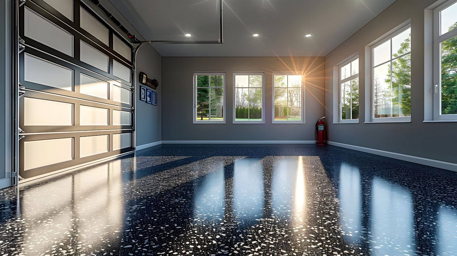 An empty garage with a garage door , windows , and a fire extinguisher.