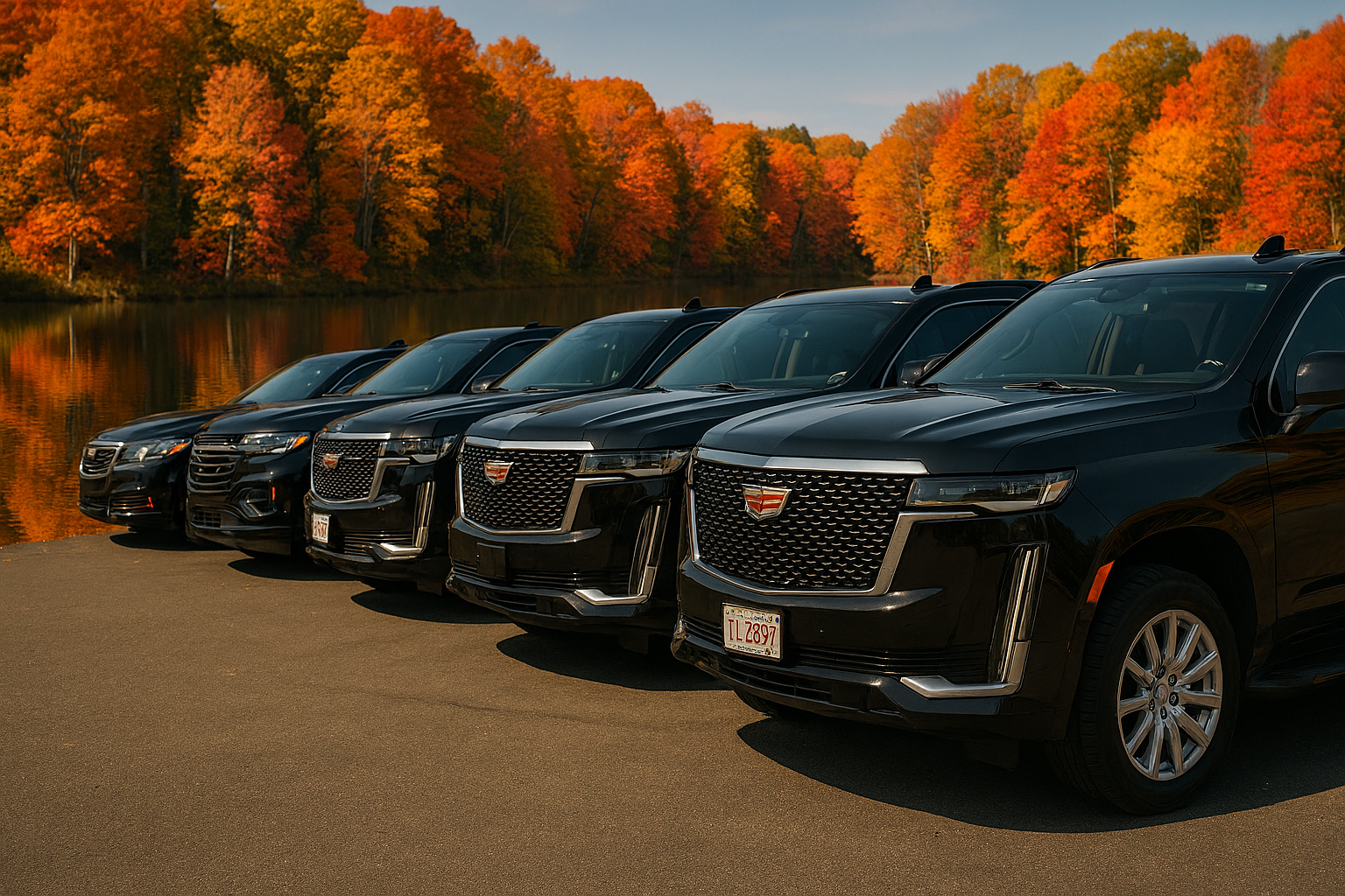 Five black SUVs parked on fall leaves near a lake with colorful trees.