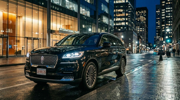 Lincoln Aviator executive black car parked in Boston Financial District for luxury chauffeur and private transportation service