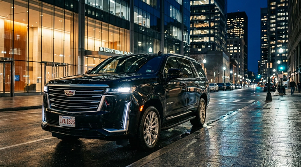 Cadillac Escalade executive SUV in Boston Financial District for luxury chauffeur, black car, and executive transportation service
