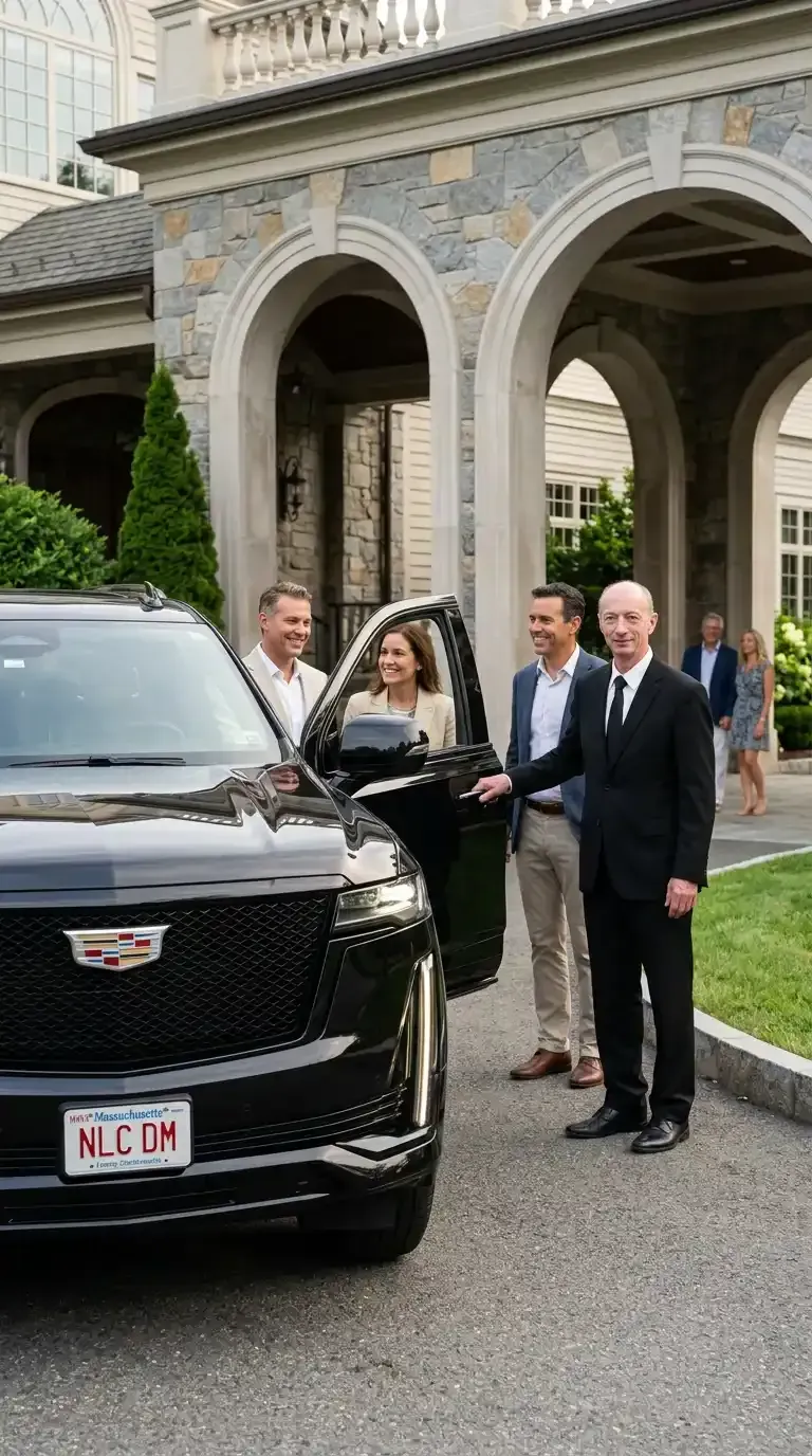 A man in a suit and tie is standing in front of a car