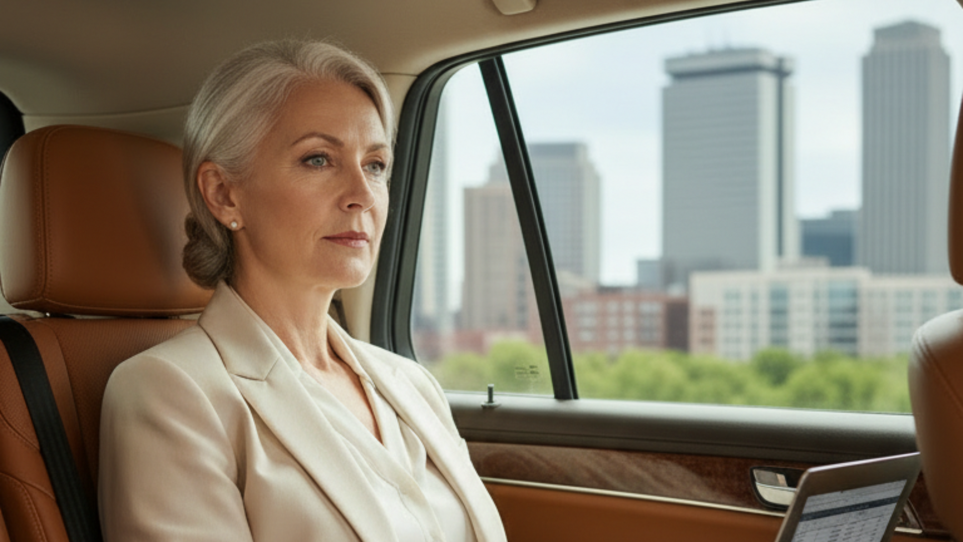 Woman in a beige blazer sits in a car, looking out the window with a city skyline beyond.