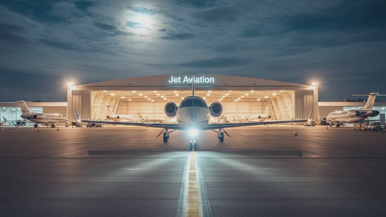 Jet Aviation hangar at dusk with a jet centered on the tarmac, runway lights glowing under a cloudy sky