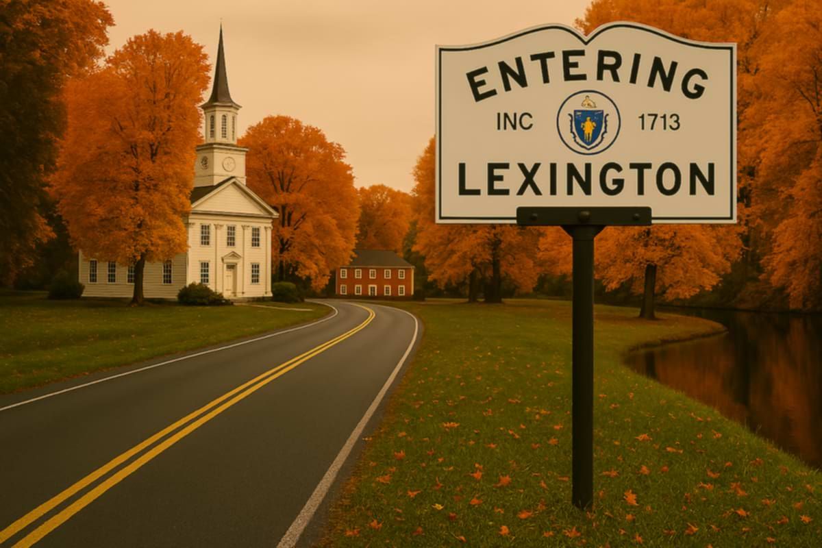Entering Lexington sign with historic houses and winding road.