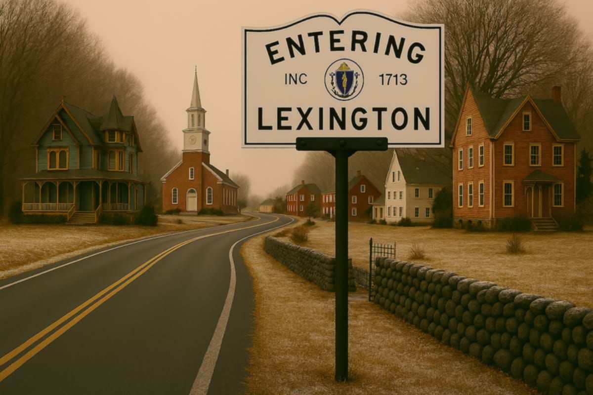 Entering Lexington, Massachusetts, sign with road leading into a historic town; brick buildings and church visible.