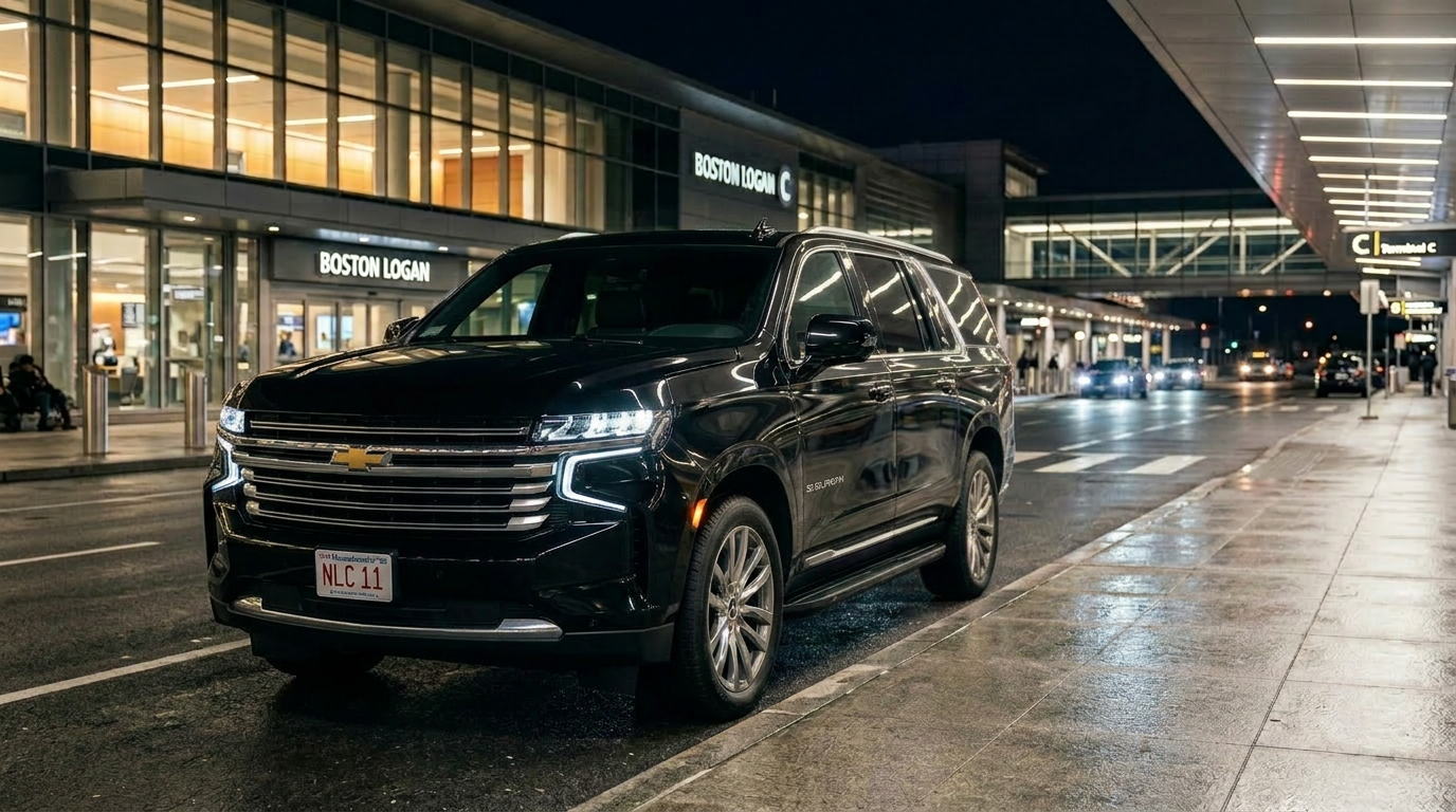 Black Chevrolet Suburban executive SUV parked at Boston Logan Airport Terminal C.