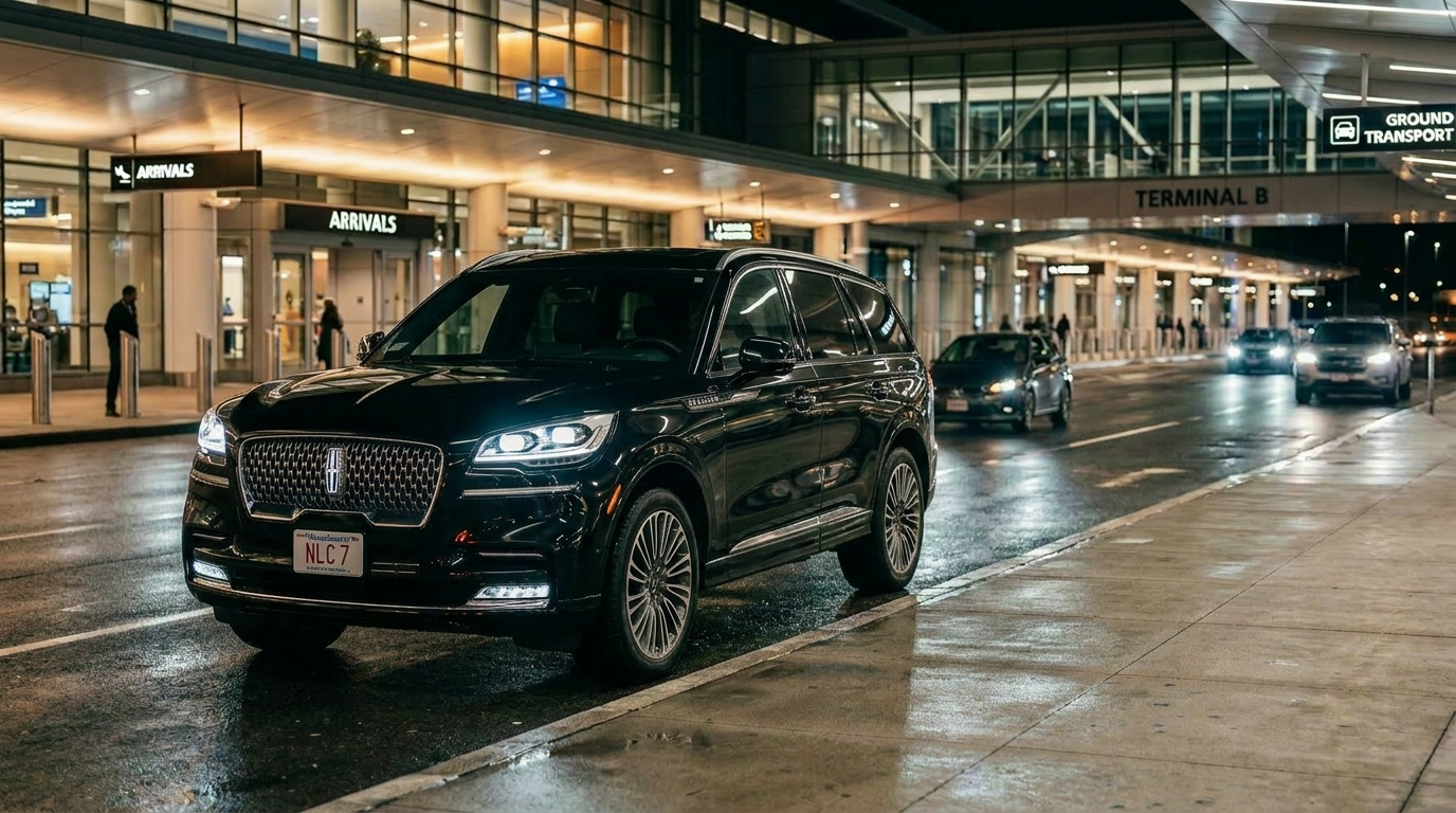 Black 2026 Lincoln Aviator executive SUV parked near Boston Logan Airport Terminal B for black car service in Logan airport.