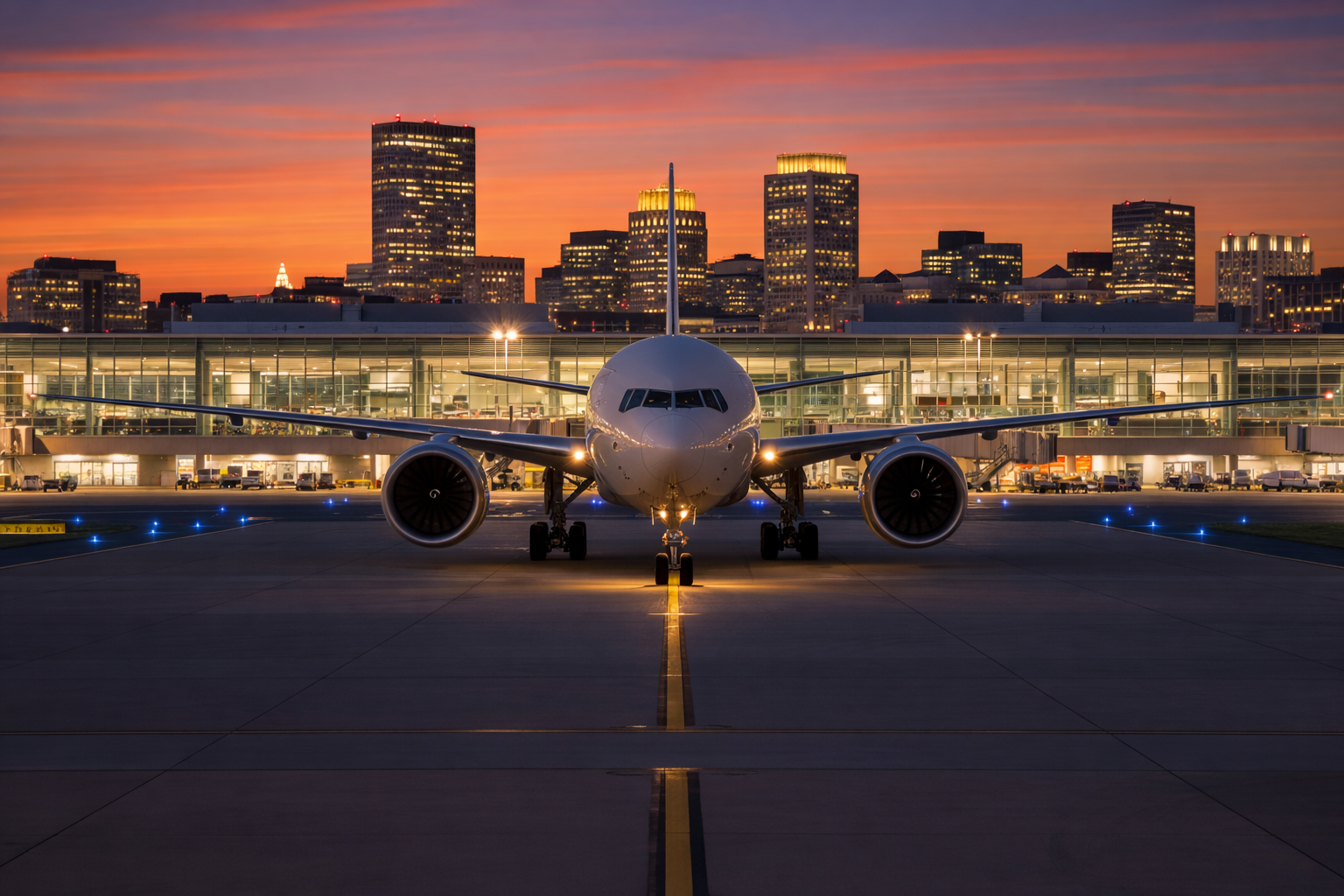 Airplane on Logan Airpot runway at dusk with Boston city skyline glowing in the background