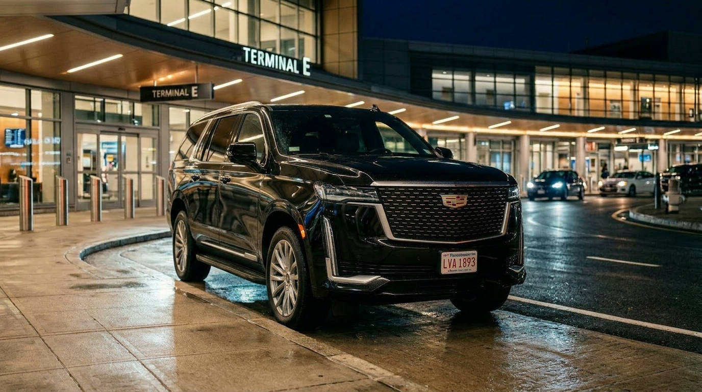 Black Cadillac Escalade executive SUV parked at Boston Logan Airport Terminal E for luxury  airport black car  service.
