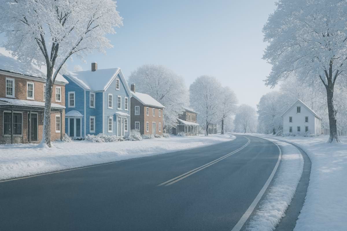 Snow-covered street in woburn,  with houses lining the road and frosted trees under a bright blue sky.