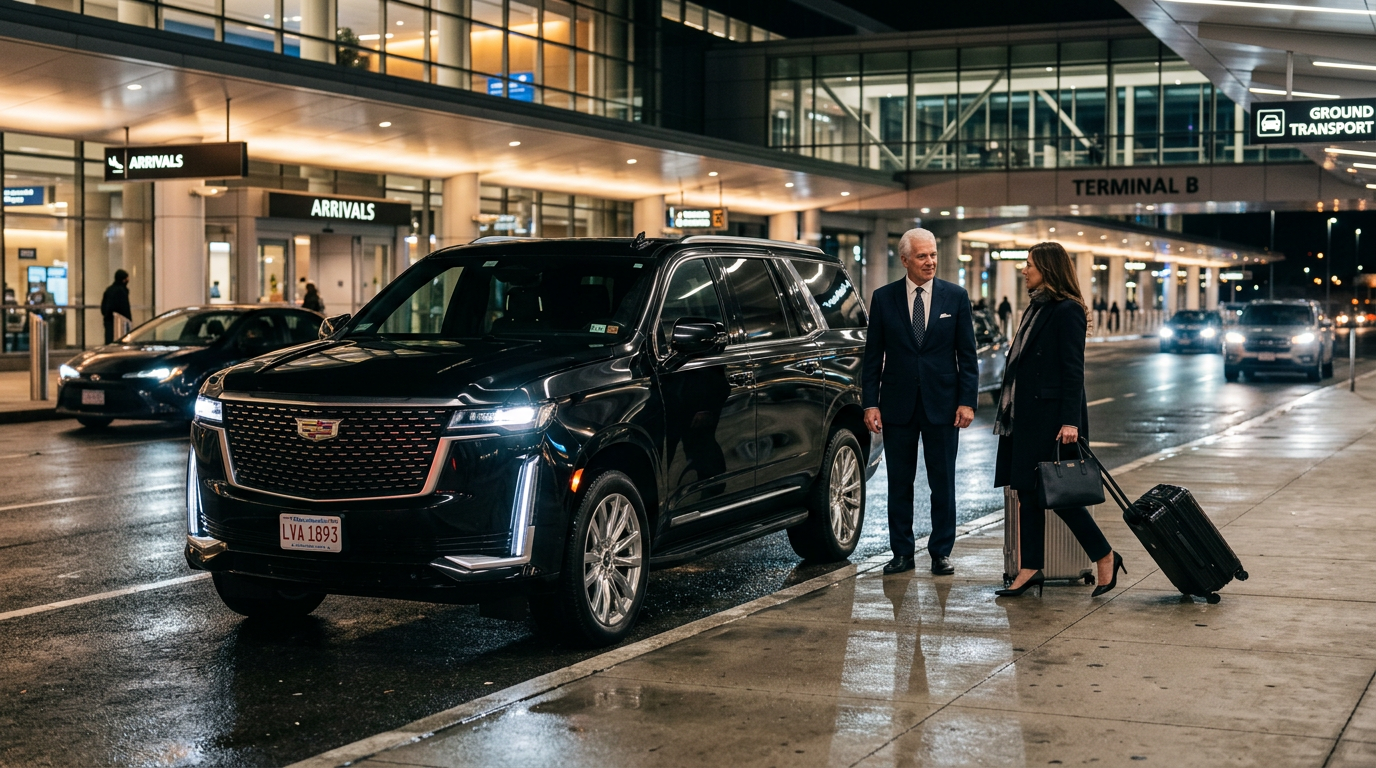 Two people stand beside a black SUV at logan airport curb at night.
