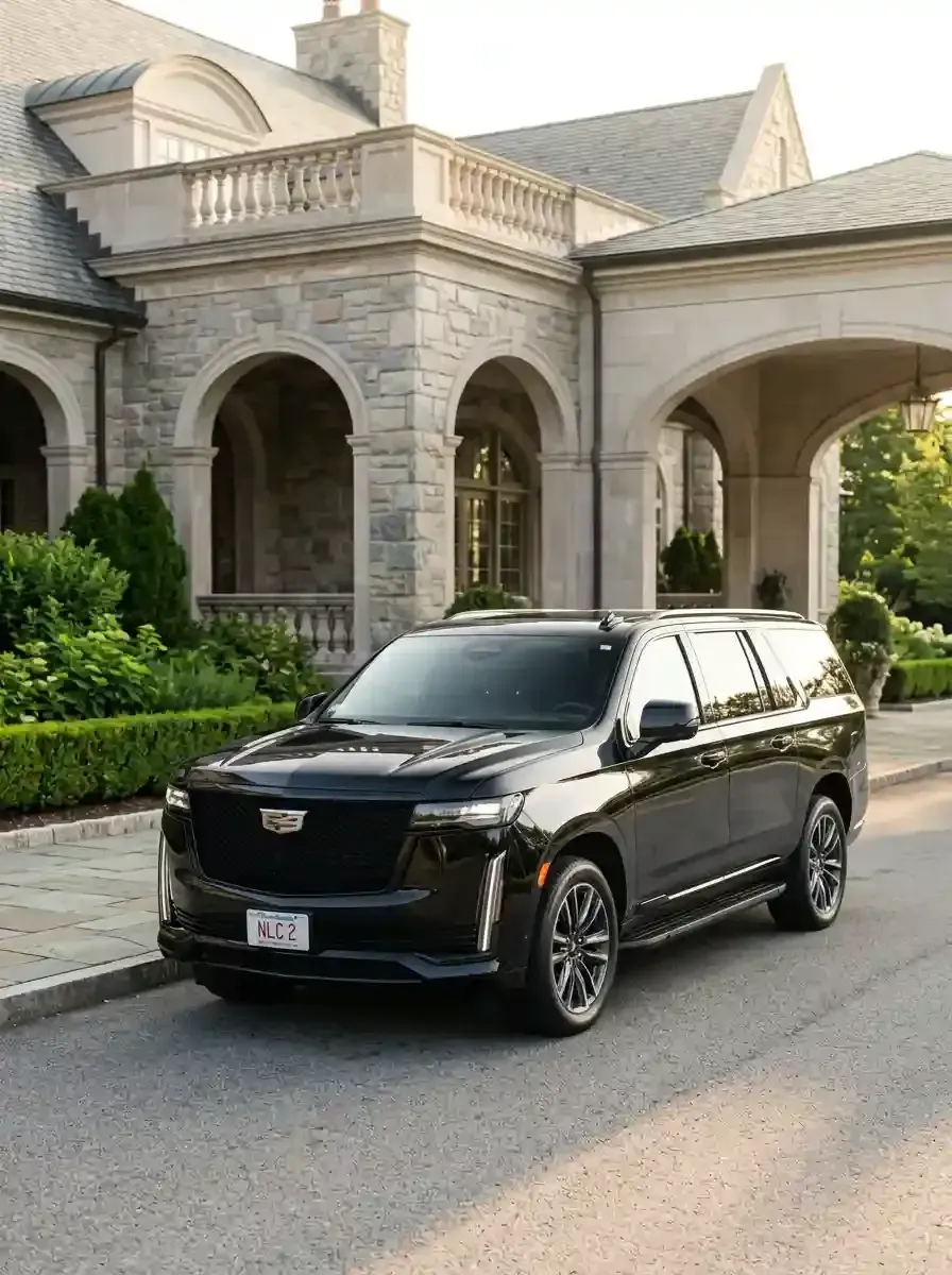 Luxury black Cadillac Escalade providing private car service from Arlington to Boston Logan International Airport