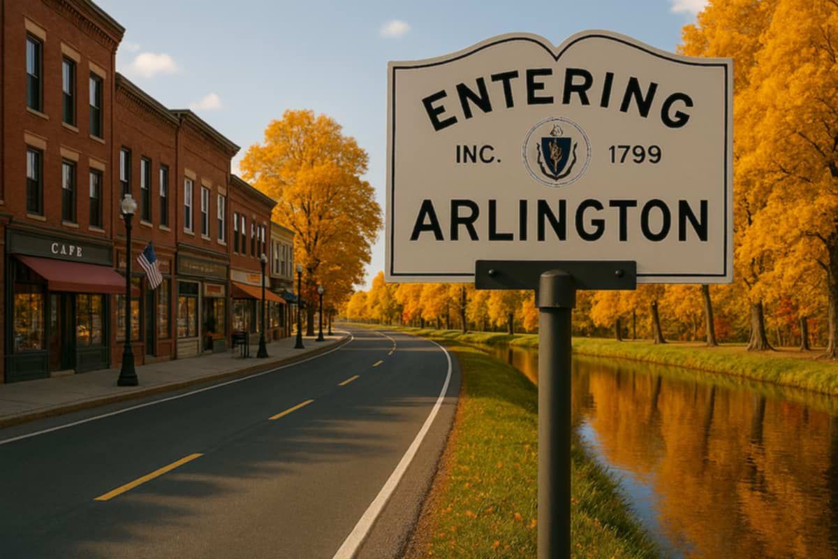 Entering Arlington sign with fall foliage and buildings.