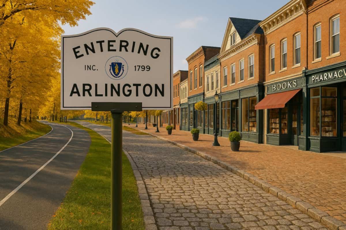 Entering Arlington, Massachusetts sign. Paved road with fall trees. Brick storefronts line the street.
