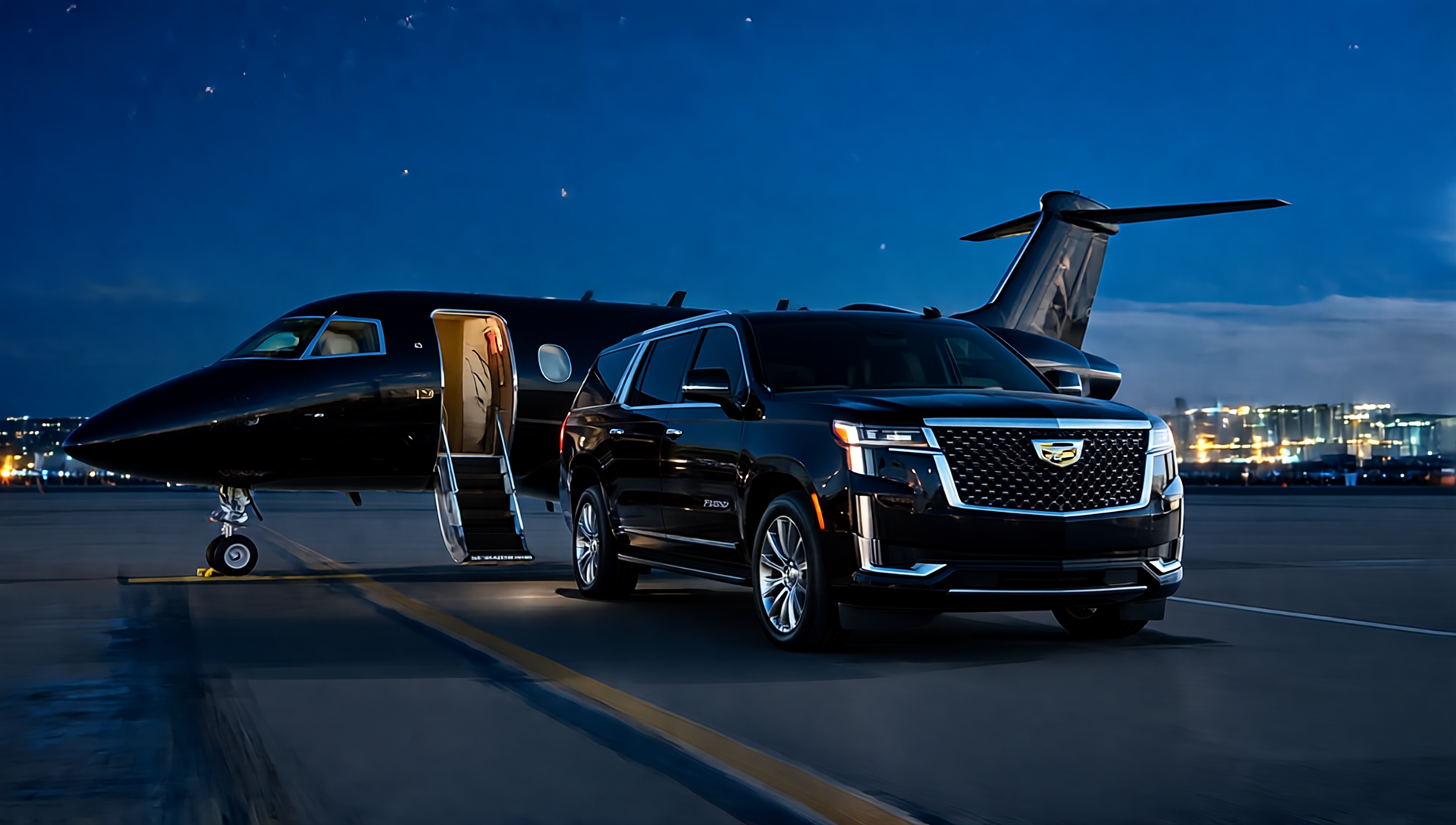Black luxury SUV and private jet on a runway at night with city lights in the background