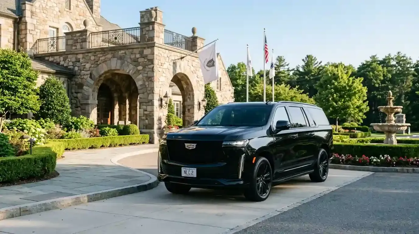 Black Cadillac Escalade executive SUV parked in Dedham for luxury chauffeur and black car transportation service.