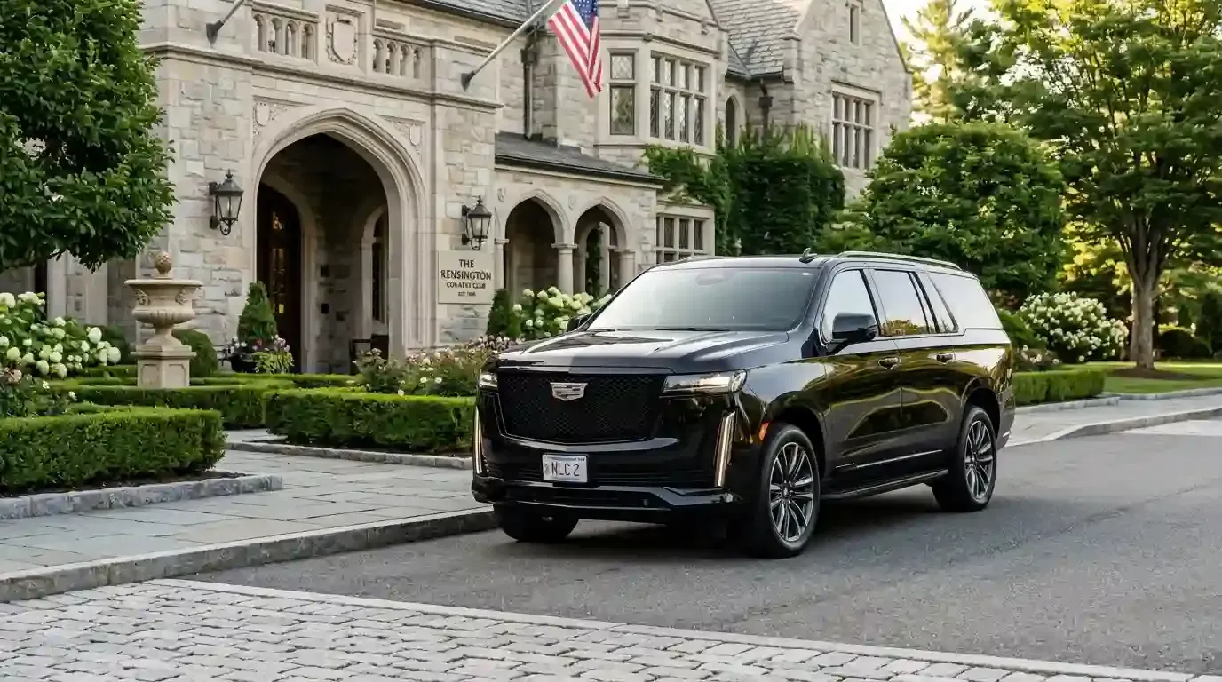 Black Cadillac Escalade executive SUV parked in Marblehead for luxury chauffeur and black car transportation service.