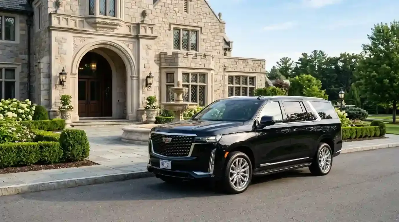 Black 2026 Cadillac Escalade executive SUV parked in Salem for luxury chauffeur and black car transportation service.
