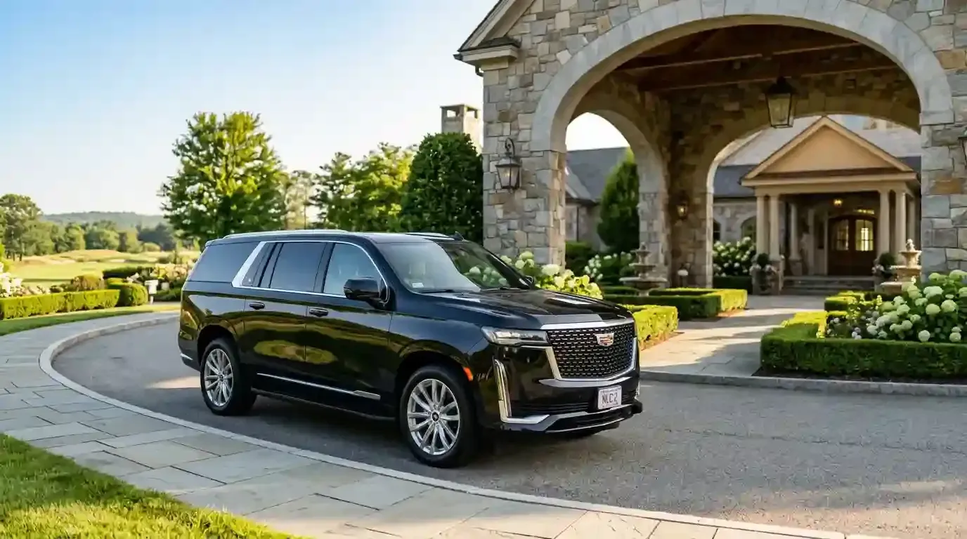 Black 2026 Cadillac Escalade executive SUV parked in Stoneham for luxury chauffeur and black car transportation service.
