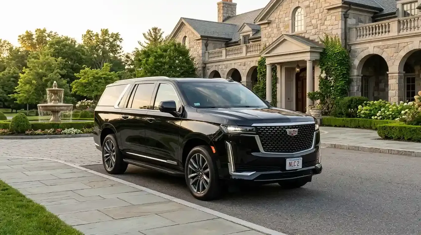 Black Cadillac Escalade executive SUV parked in Sudbury for luxury chauffeur and black car transportation service.
