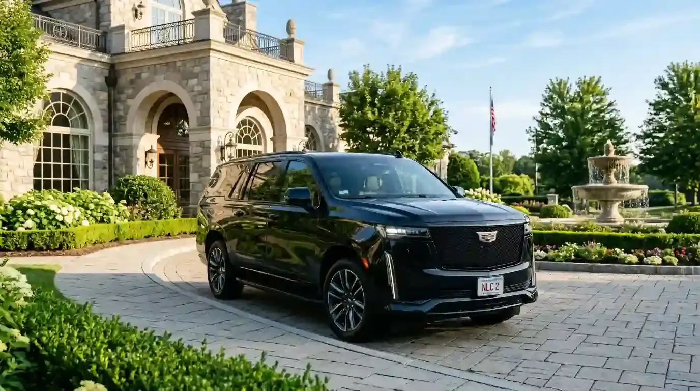 Black 2026 Cadillac Escalade executive SUV parked in Swampscott for luxury chauffeur and black car transportation service.
