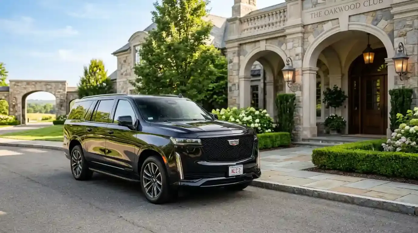 Black 2026 Cadillac Escalade executive SUV parked in Weston for luxury chauffeur and black car transportation service.
