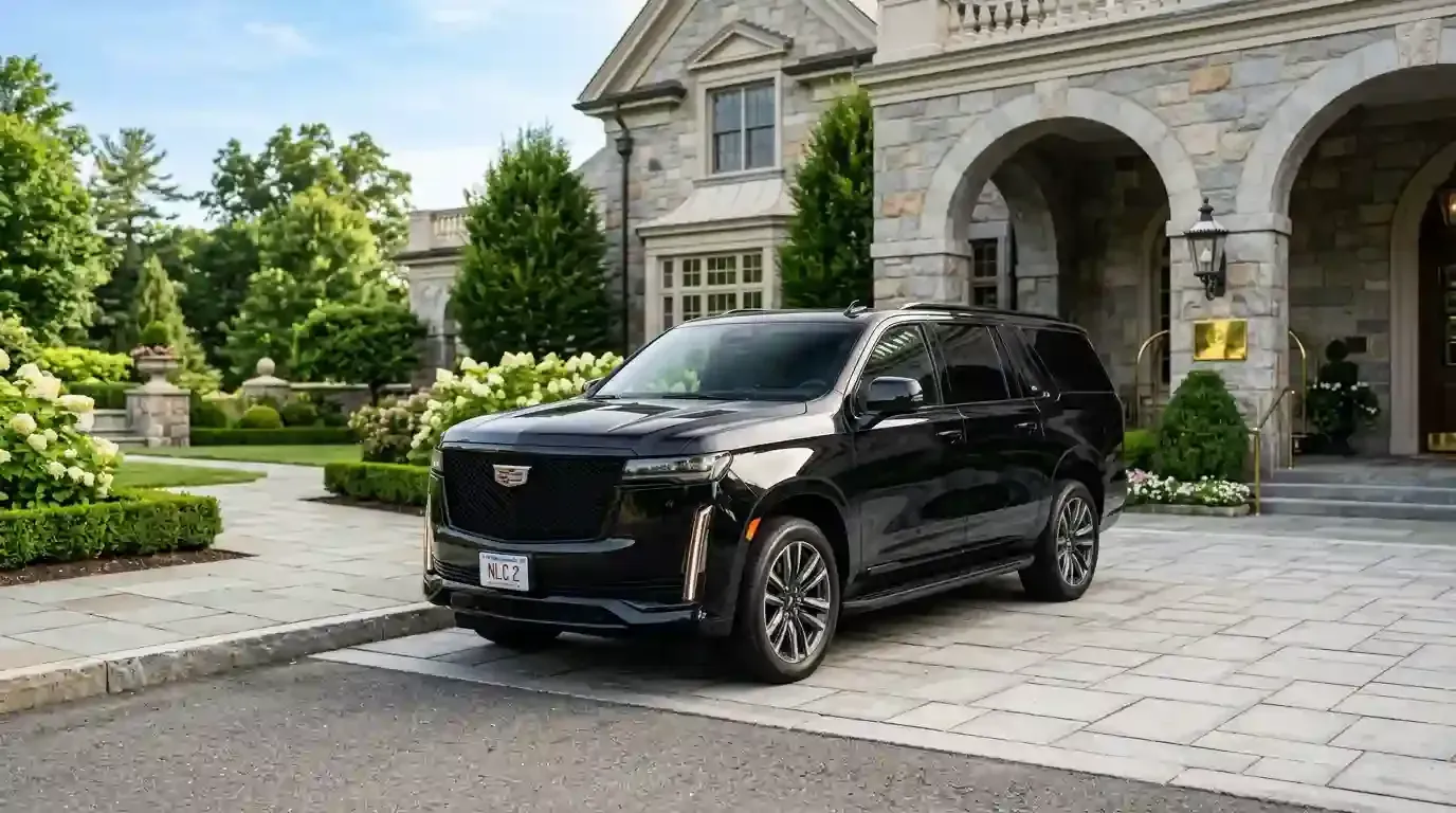Black 2026 Cadillac Escalade executive SUV parked in Waltham for luxury chauffeur and black car transportation service.
