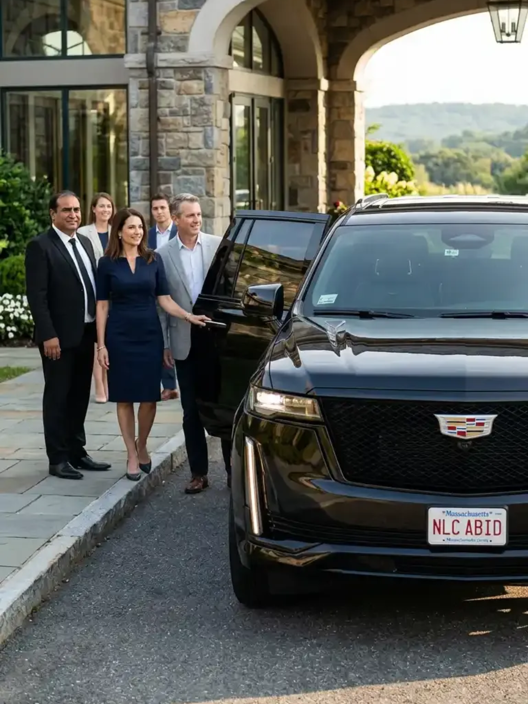Professional chauffeur assisting passengers with luxury black car transportation in Acton, Massachusetts