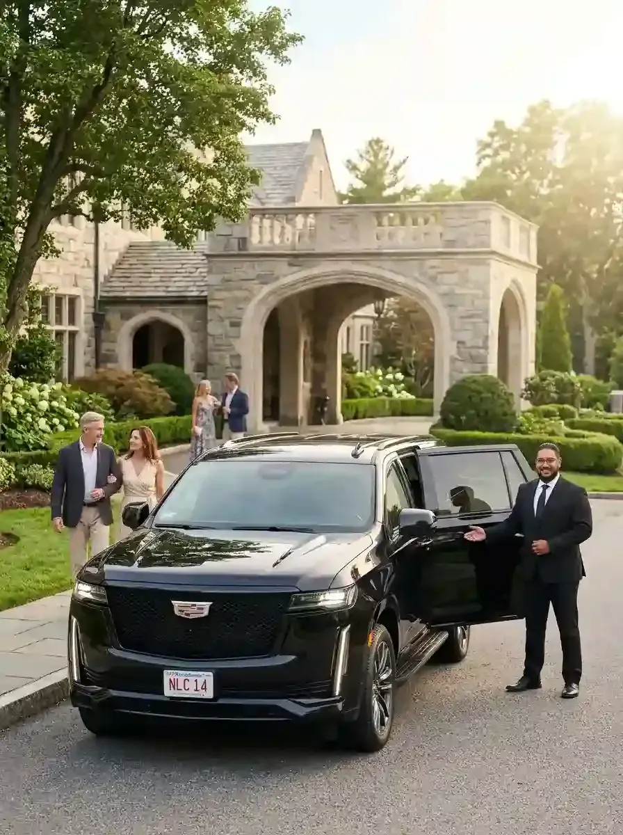Professional chauffeur opening a luxury black SUV for passengers using chauffeur service in Arlington, Massachusetts