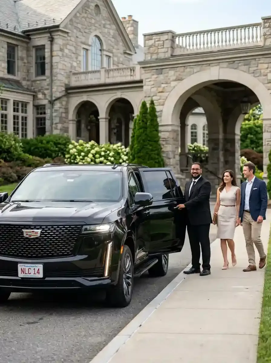 Professional chauffeur opening a luxury black SUV for passengers in Ashland, Massachusetts