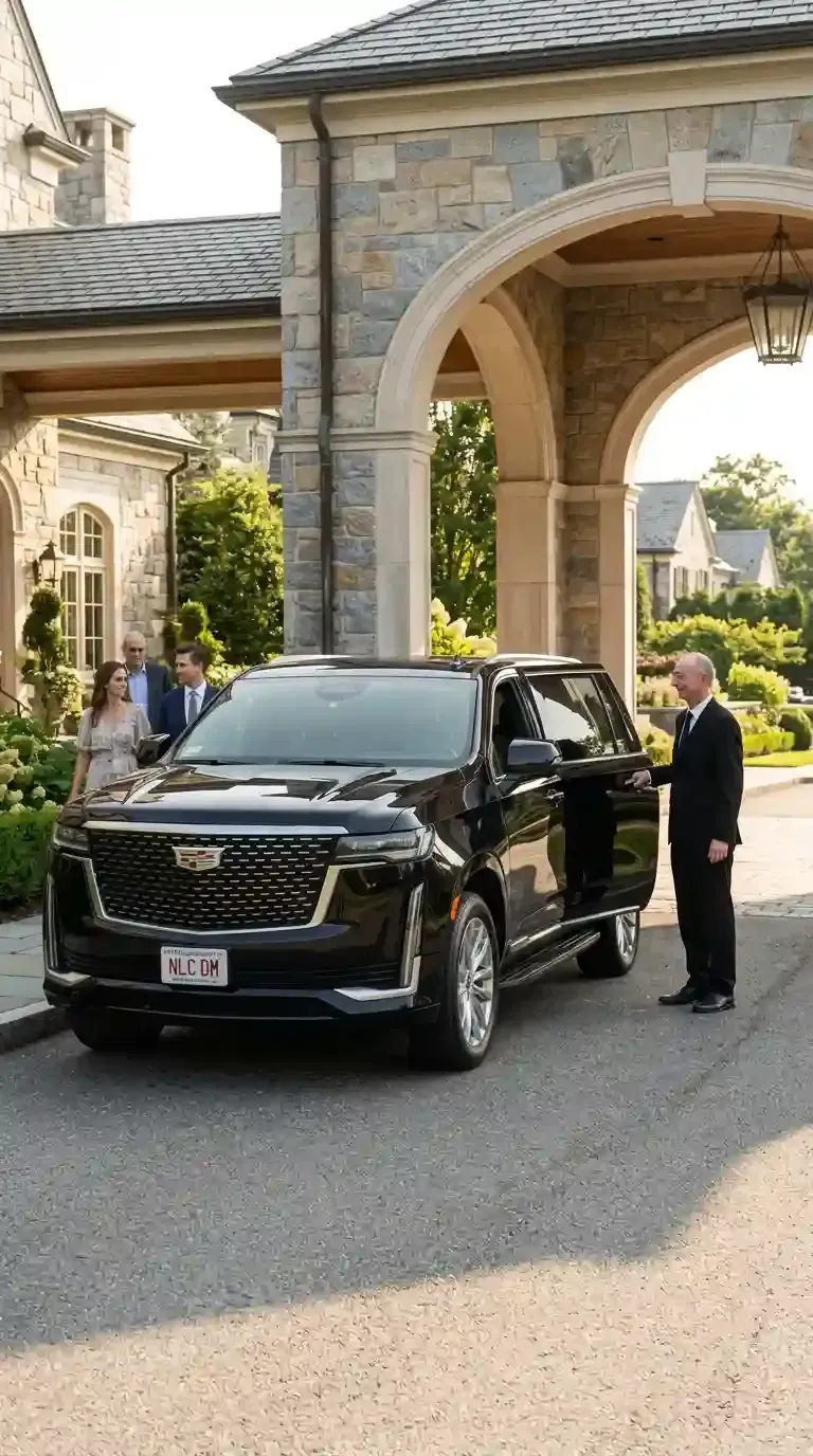 Professional chauffeur opening a luxury black SUV for passengers in Sudbury, Massachusetts