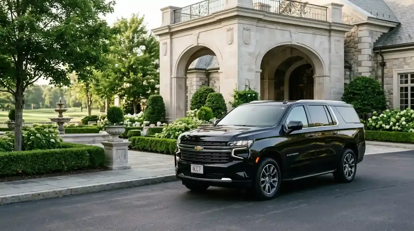 Chevrolet Suburban executive SUV parked in Belmont for luxury chauffeur and black car service transportation.