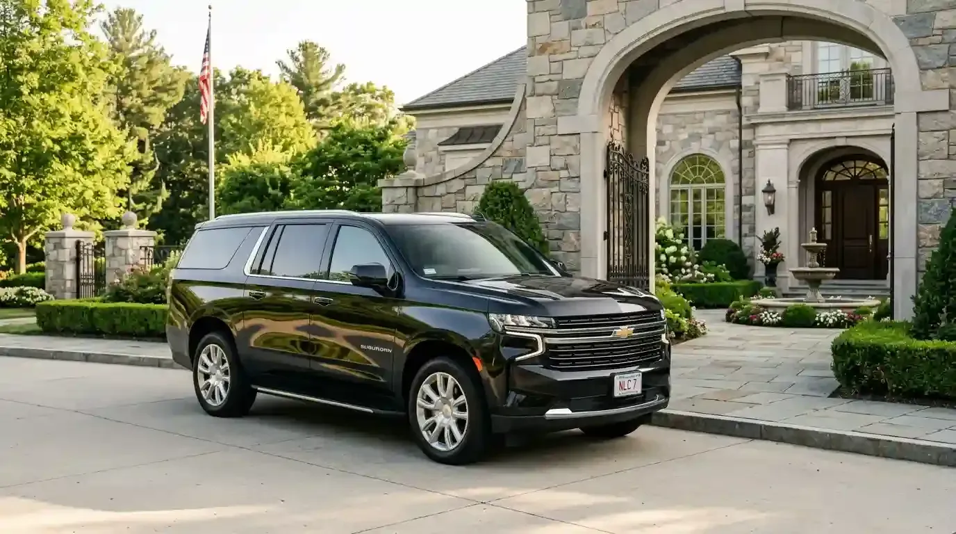 Black Chevrolet Suburban executive SUV parked in Dedham for luxury chauffeur and black car transportation service.