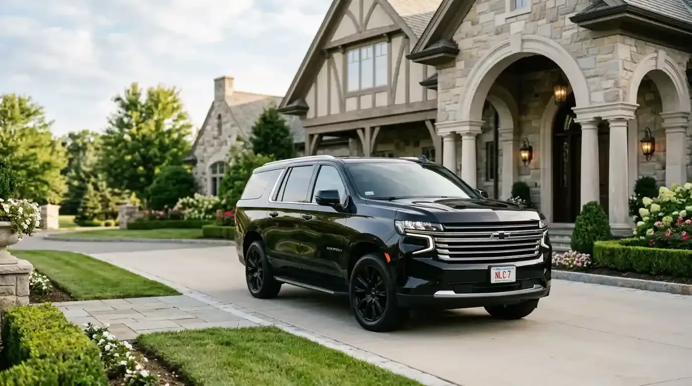 Black Chevrolet Suburban executive SUV parked in Maynard for luxury chauffeur and black car transportation service.