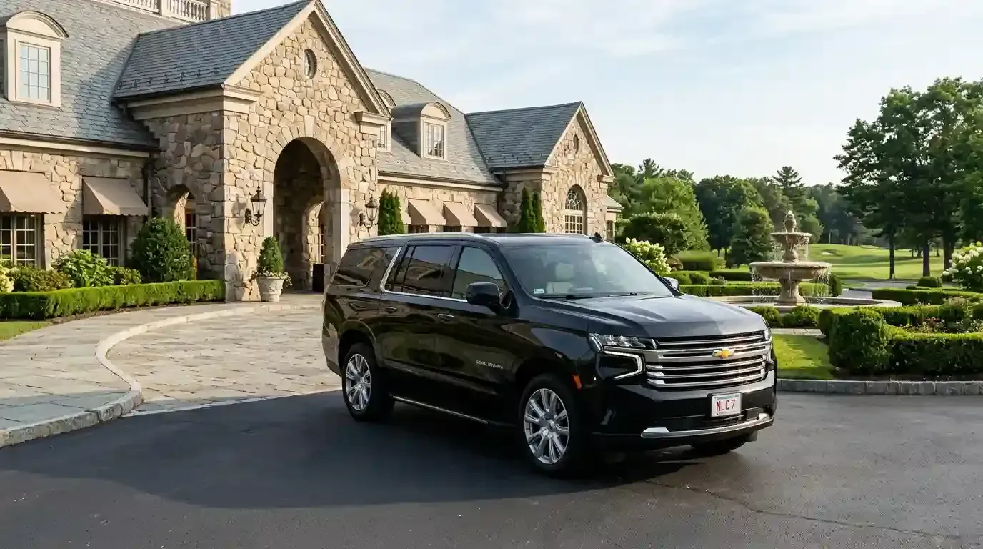 Black 2026 Chevrolet Suburban executive SUV parked in Salem for luxury chauffeur and black car transportation service.
