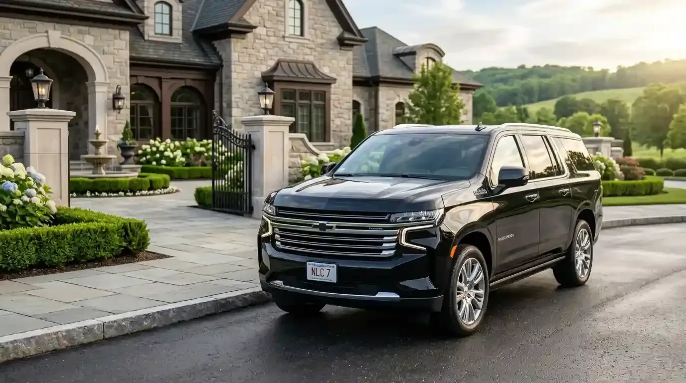 Black 2026 Chevrolet Suburban executive SUV parked in Swampscott for luxury chauffeur and black car transportation service.
