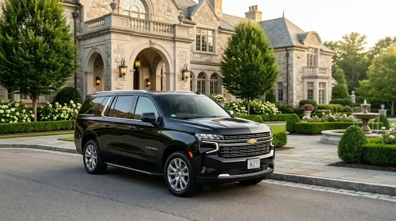 Black 2026 Chevrolet Suburban executive SUV parked in Westborough for luxury chauffeur and black car transportation service.
