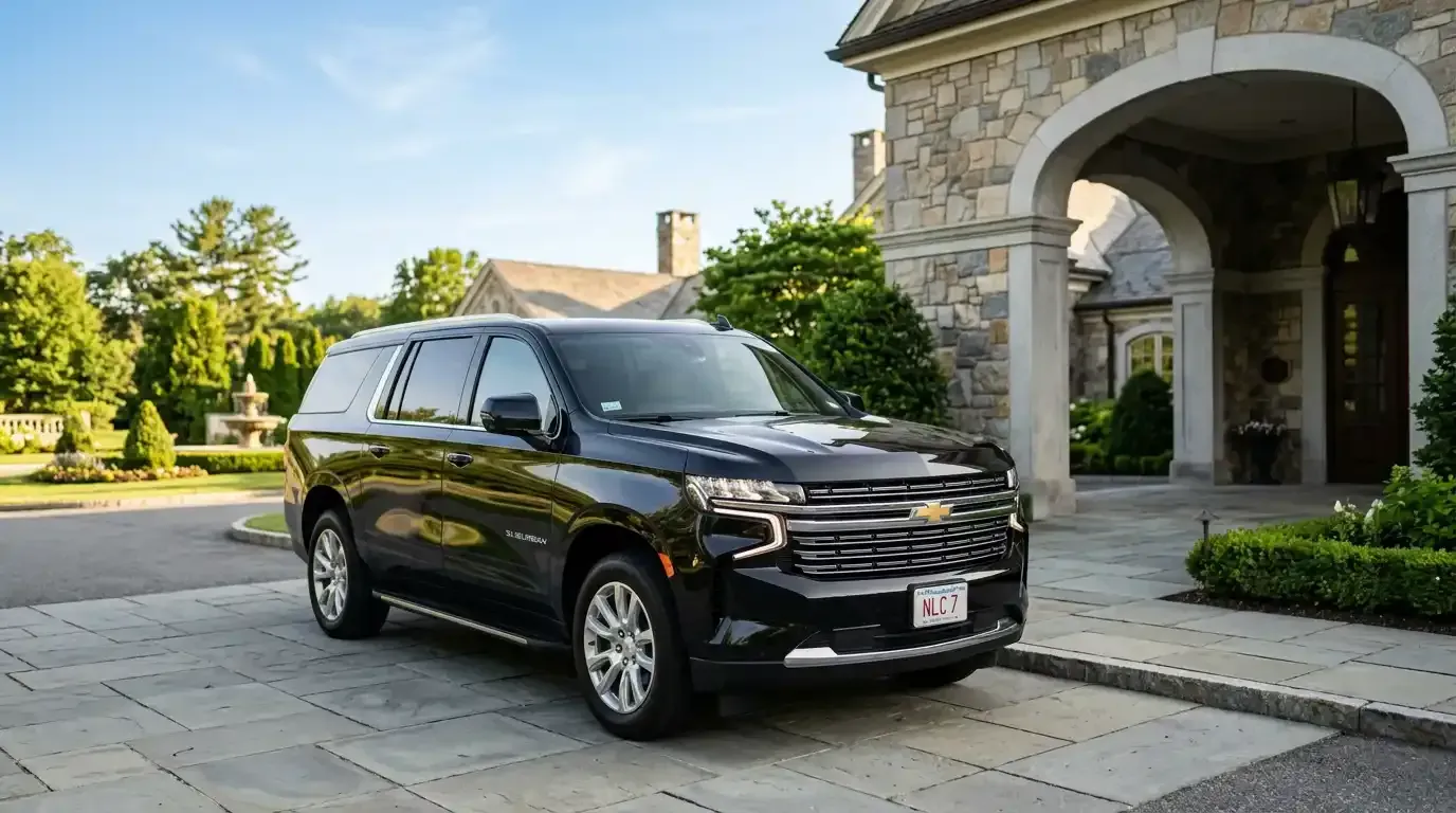 Black 2026 Chevrolet Suburban executive SUV parked in Weston for luxury chauffeur and black car transportation service.
