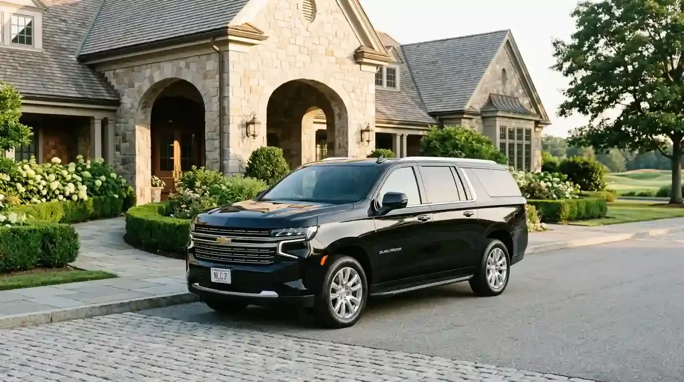 Black 2026 Chevrolet Suburban executive SUV parked in Westwood for luxury chauffeur and black car transportation service.
