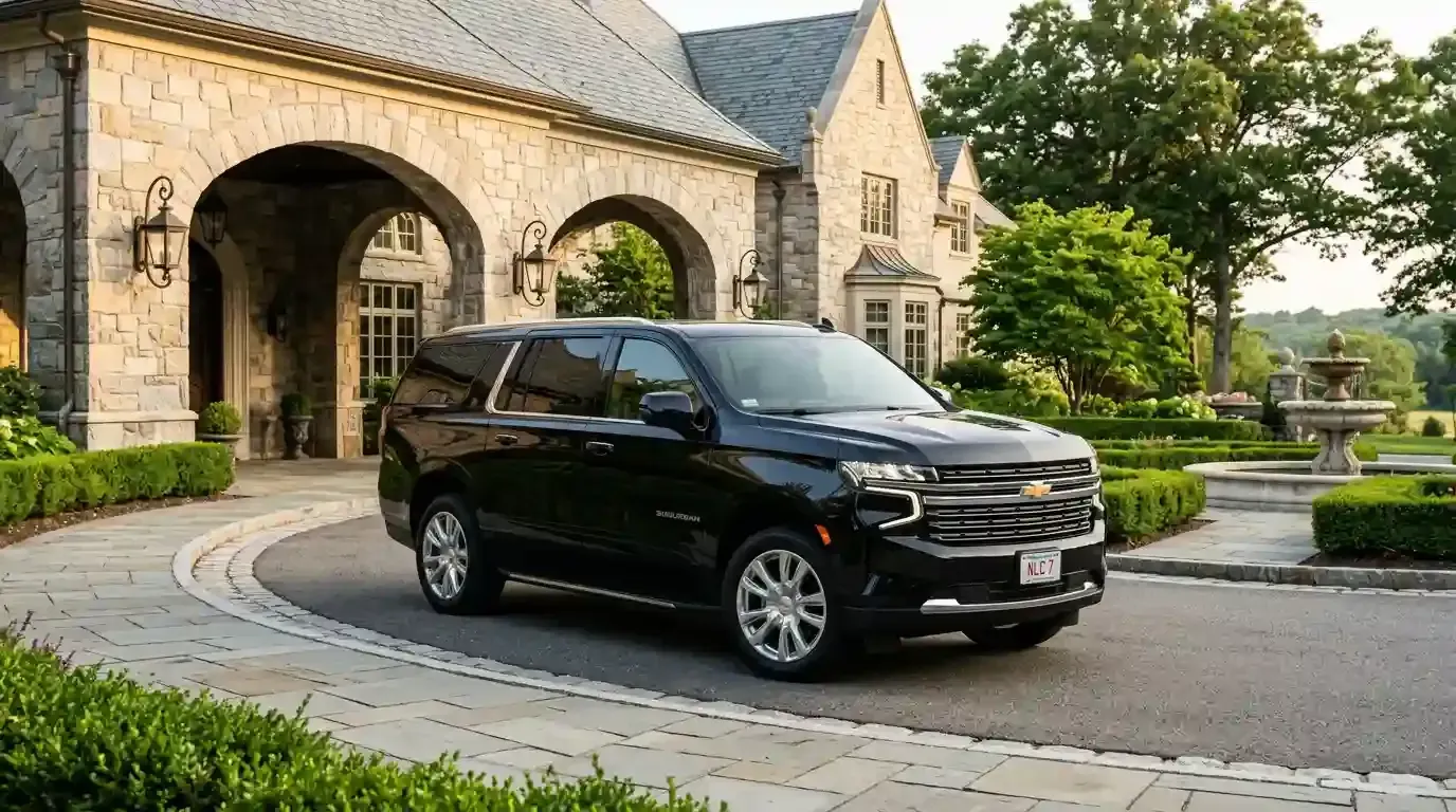 Black 2026 Chevrolet Suburban executive SUV parked in Woburn for luxury chauffeur and black car transportation service.
