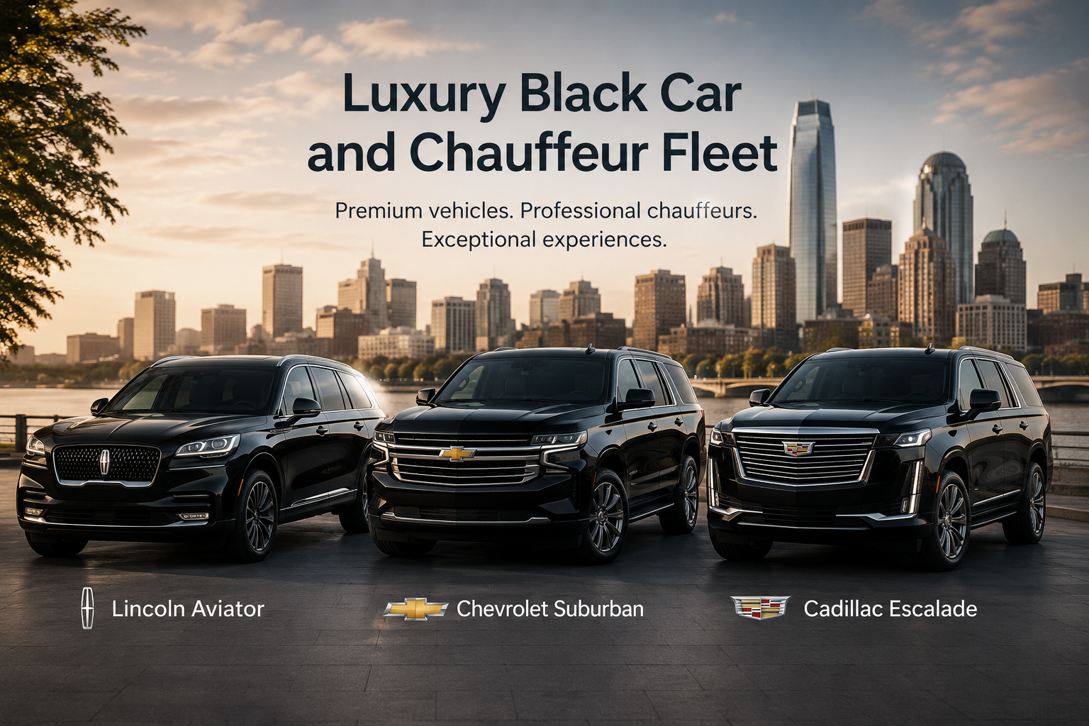 Newton Limo Car Service luxury fleet featuring a Lincoln Aviator Executive Class, Chevrolet Suburban Executive SUV Class, and Cadillac Escalade Premium SUV Class for professional chauffeur and black car service.