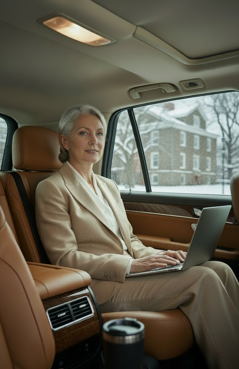 Business executive working inside a luxury vehicle during corporate black car service in Arlington, Massachusetts