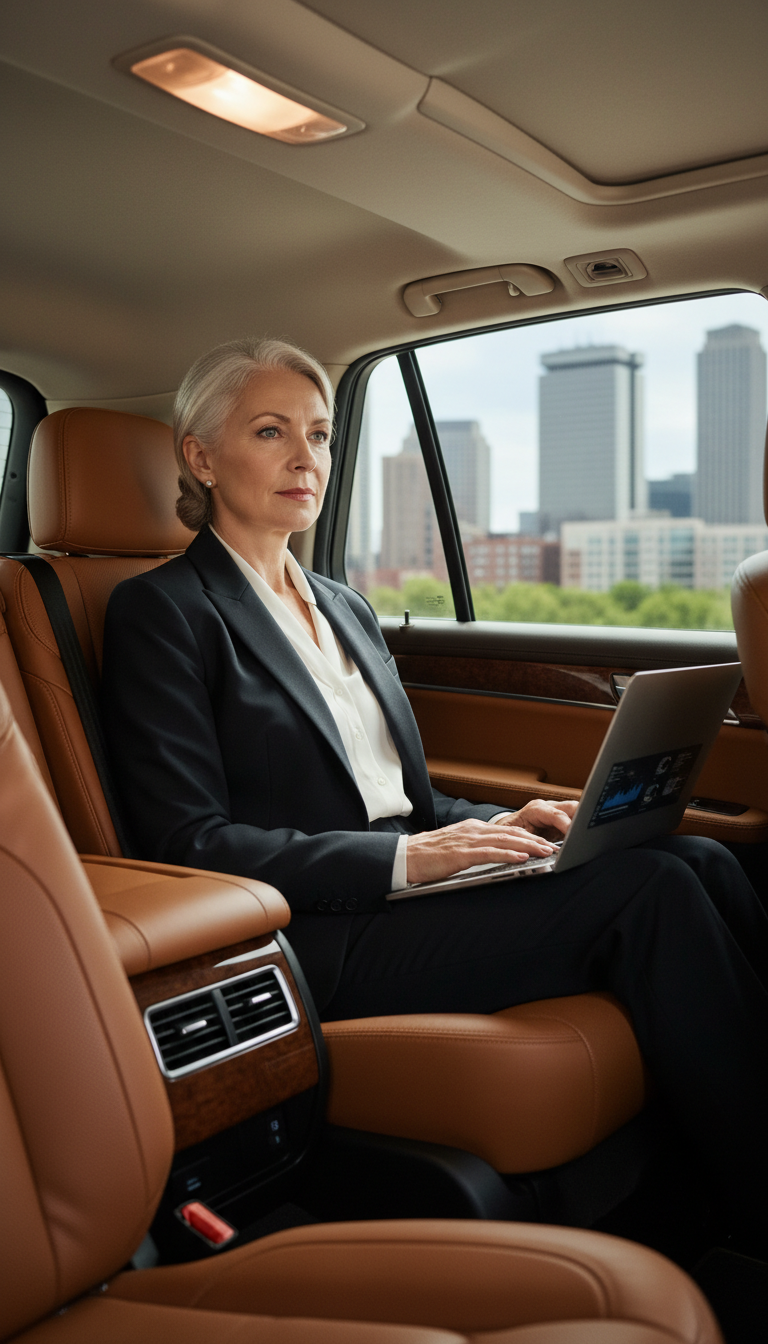 Business executive working during professional corporate black car service in Ashland, Massachusetts